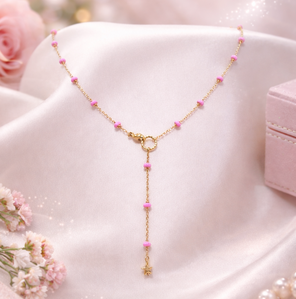 Chaîne ILANA – Bijou artisanal Made in Corsica - Doré & Perles Roses - Finition Étoile et Acier Inoxydable Les Trésors De Ghjulia