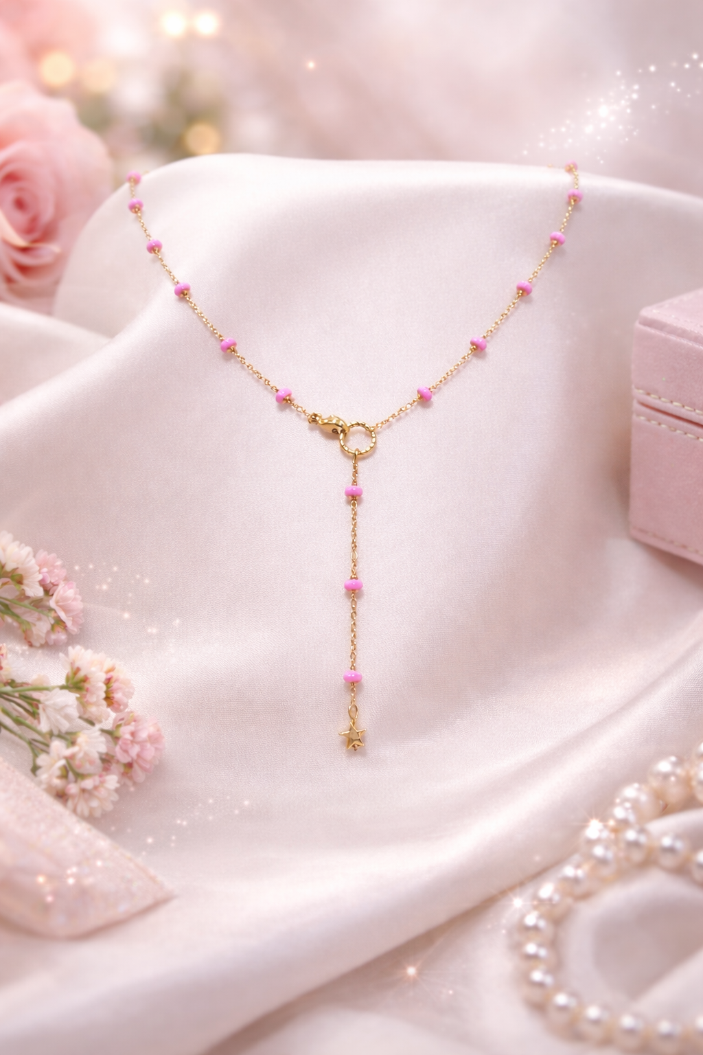 Chaîne ILANA – Bijou artisanal Made in Corsica - Doré & Perles Roses - Finition Étoile et Acier Inoxydable Les Trésors De Ghjulia