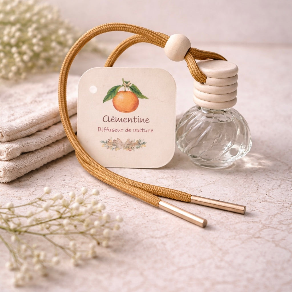 Diffuseur de Voiture Naturel Clémentine – Parfum Fruité & Rafraîchissant – Fabrication artisanale corse Les Trésors De Ghjulia