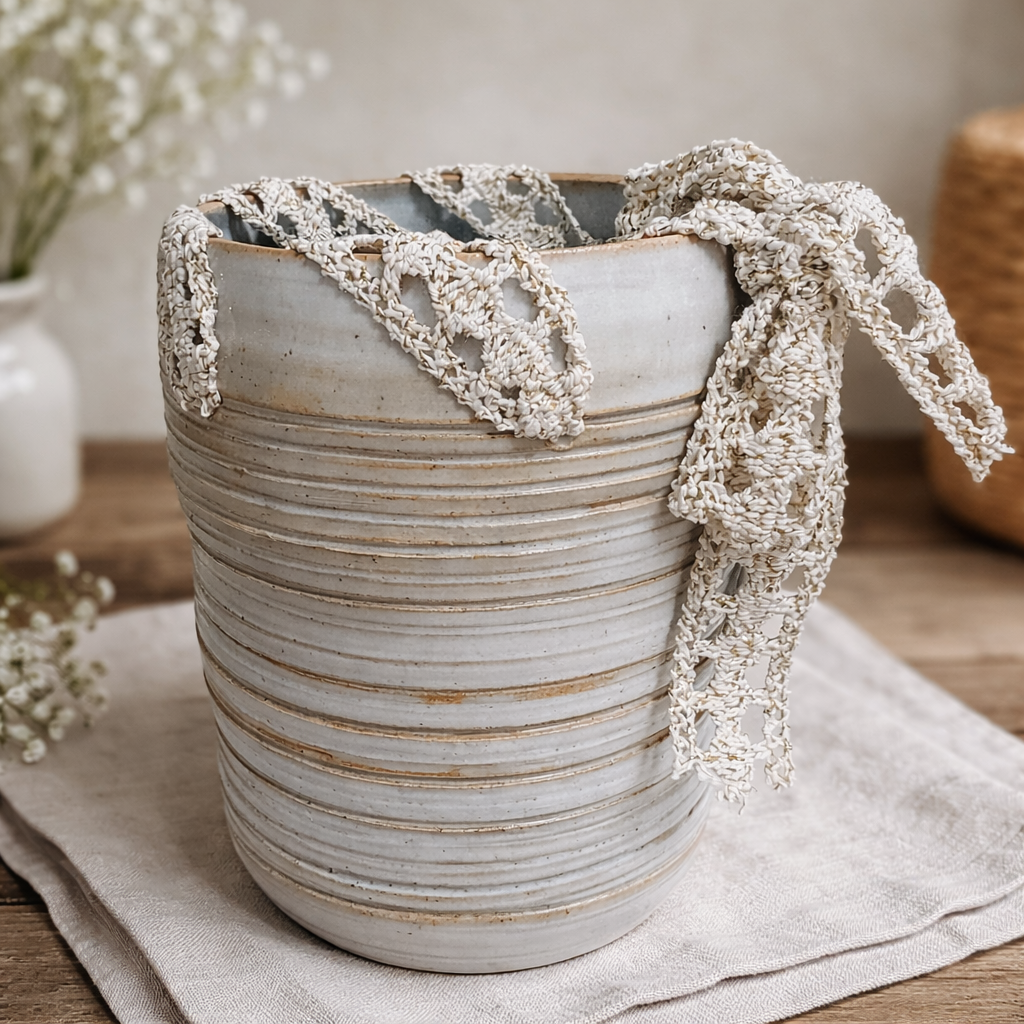 Vase Décoratif Artisanal en Céramique – Ruban de Dentelle Écrue – Fabrication Corse Fait Main Les Trésors De Ghjulia