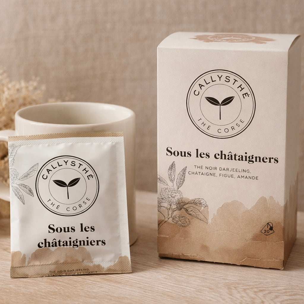 Thé Sous les Châtaigniers – Thé noir Darjeeling, châtaigne & figue – Thé artisanal corse Les Trésors De Ghjulia