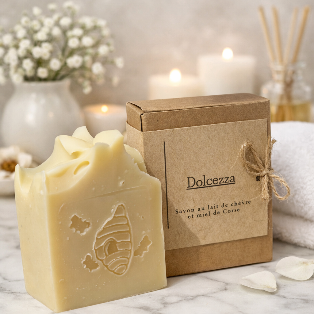 Savon Solide Naturel Dolcezza - Hydratant et Adoucissant au Lait de Chèvre et Miel de Corse – Fabrication artisanale corse Les Trésors De Ghjulia