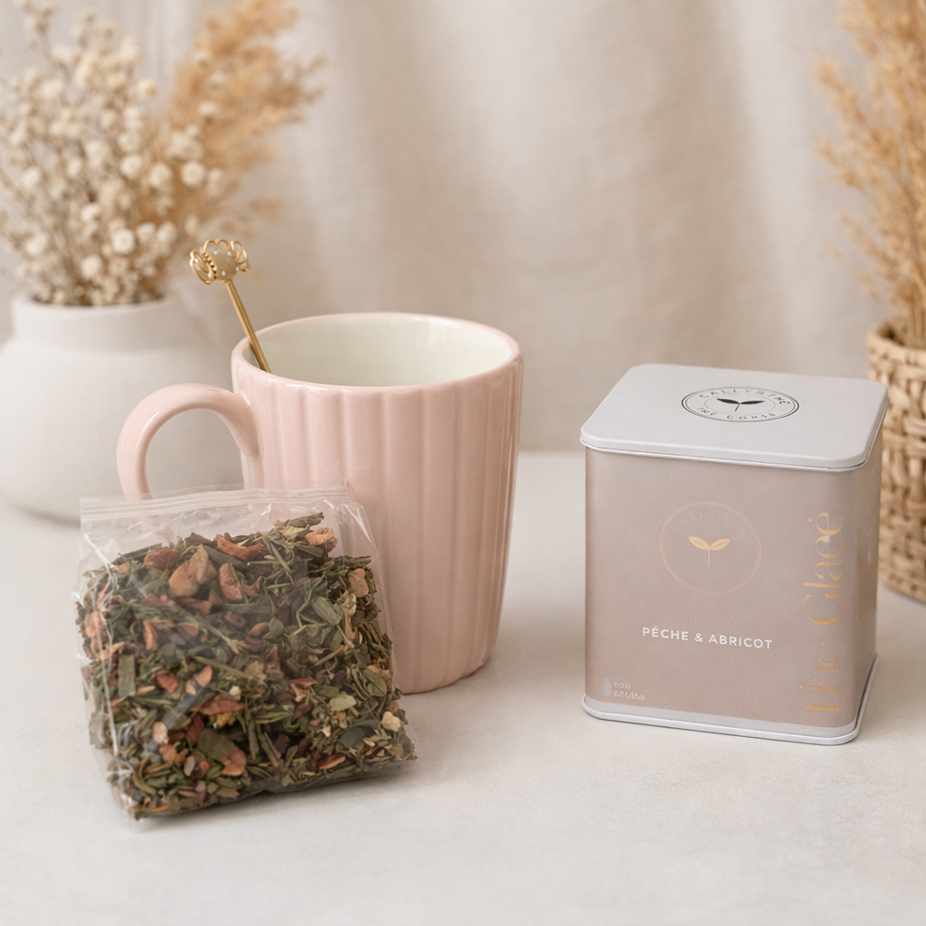 Thé glacé – Thé vert, pêche & abricot – Infusion fruitée artisanale – Thé artisanal corse Les Trésors De Ghjulia