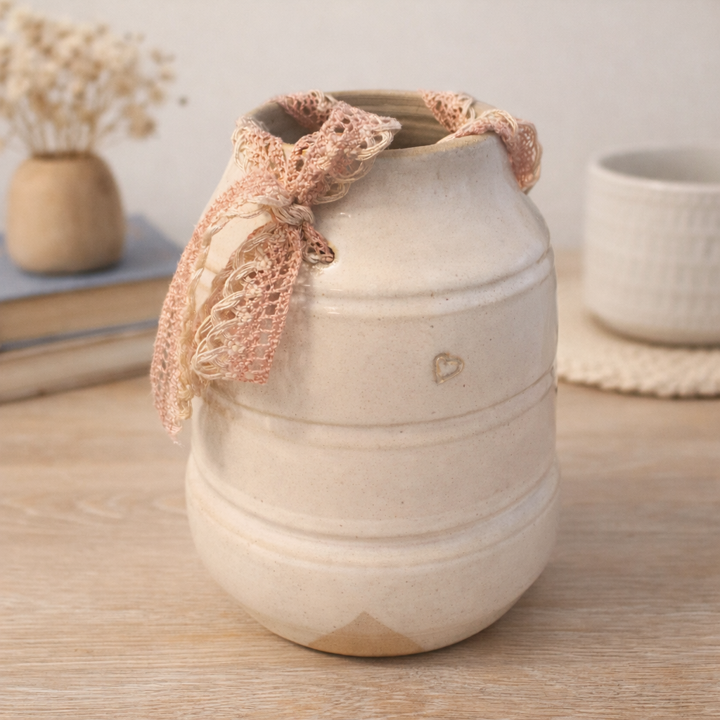 Vase Décoratif Artisanal en Céramique – Ruban de Dentelle Beige et Rose – Fabrication Corse Fait Main Les Trésors De Ghjulia