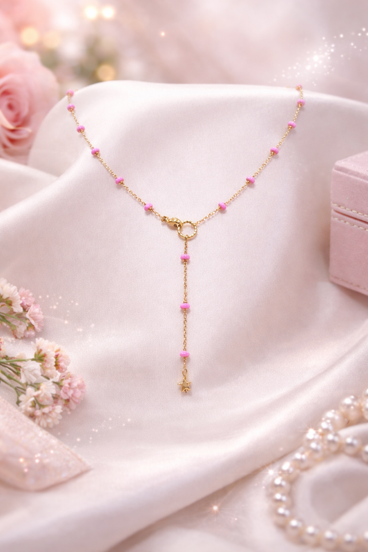 Chaîne ILANA – Bijou artisanal Made in Corsica - Doré & Perles Roses - Finition Étoile et Acier Inoxydable Les Trésors De Ghjulia