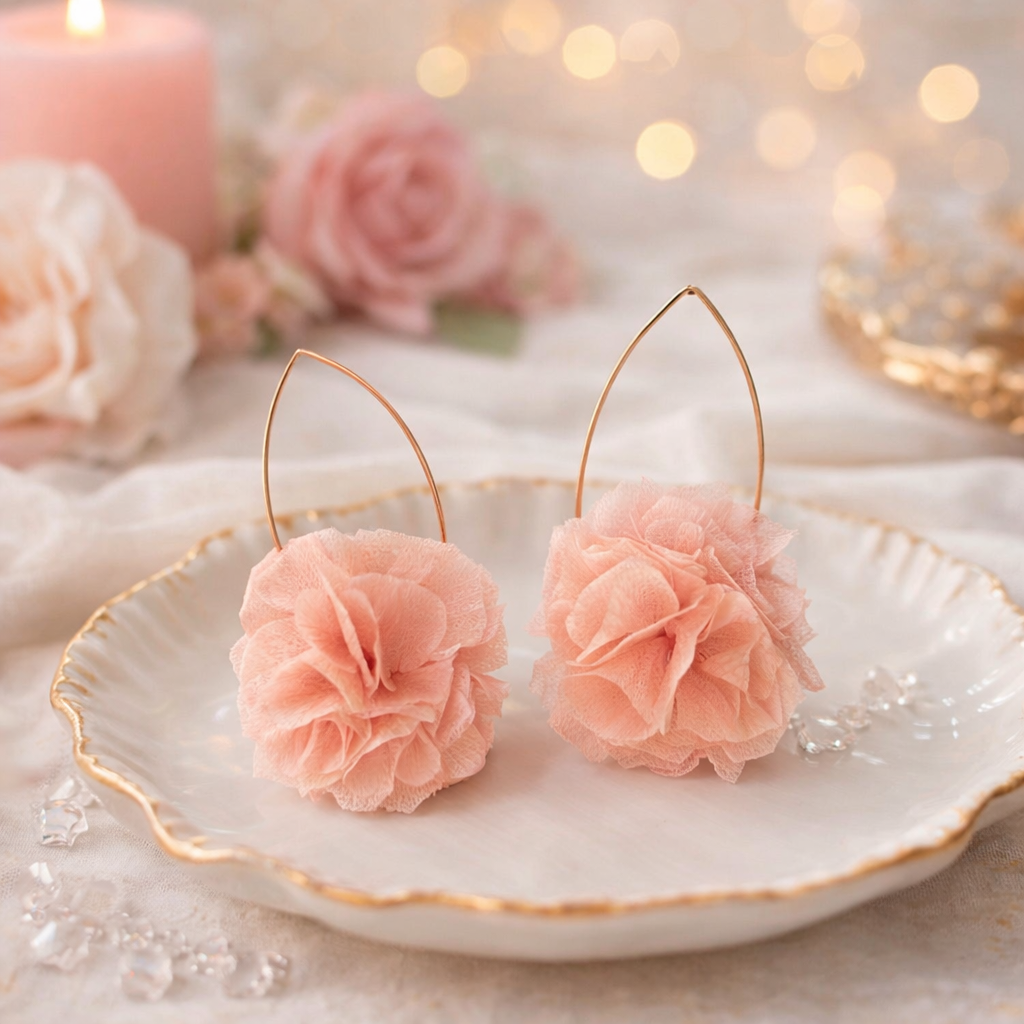 Boucles d’oreilles fleuries roses en laiton plaqué or 18 carats – LIVIA – Fabrication artisanale corse Les Trésors De Ghjulia