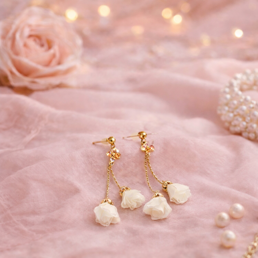 Boucles d’oreilles fleuries Blanches en laiton plaqué or 18 carats – OLYMPE – Fabrication artisanale corse Les Trésors De Ghjulia