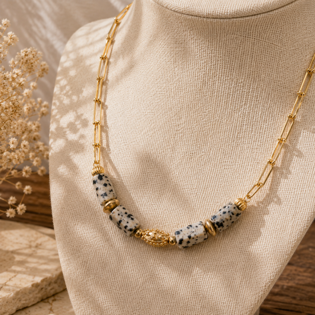 Collier ras de cou Jaïpur Jaspe Dalmatien – Bijou Corse en Pierre Naturelle Les Trésors De Ghjulia