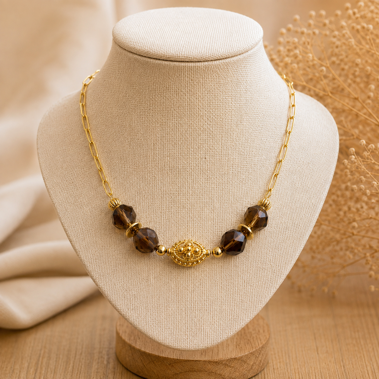 Collier ras de cou Jaïpur XL Quartz fumé – Bijou Corse en Acier Inoxydable et Pierre Naturelle Les Trésors De Ghjulia