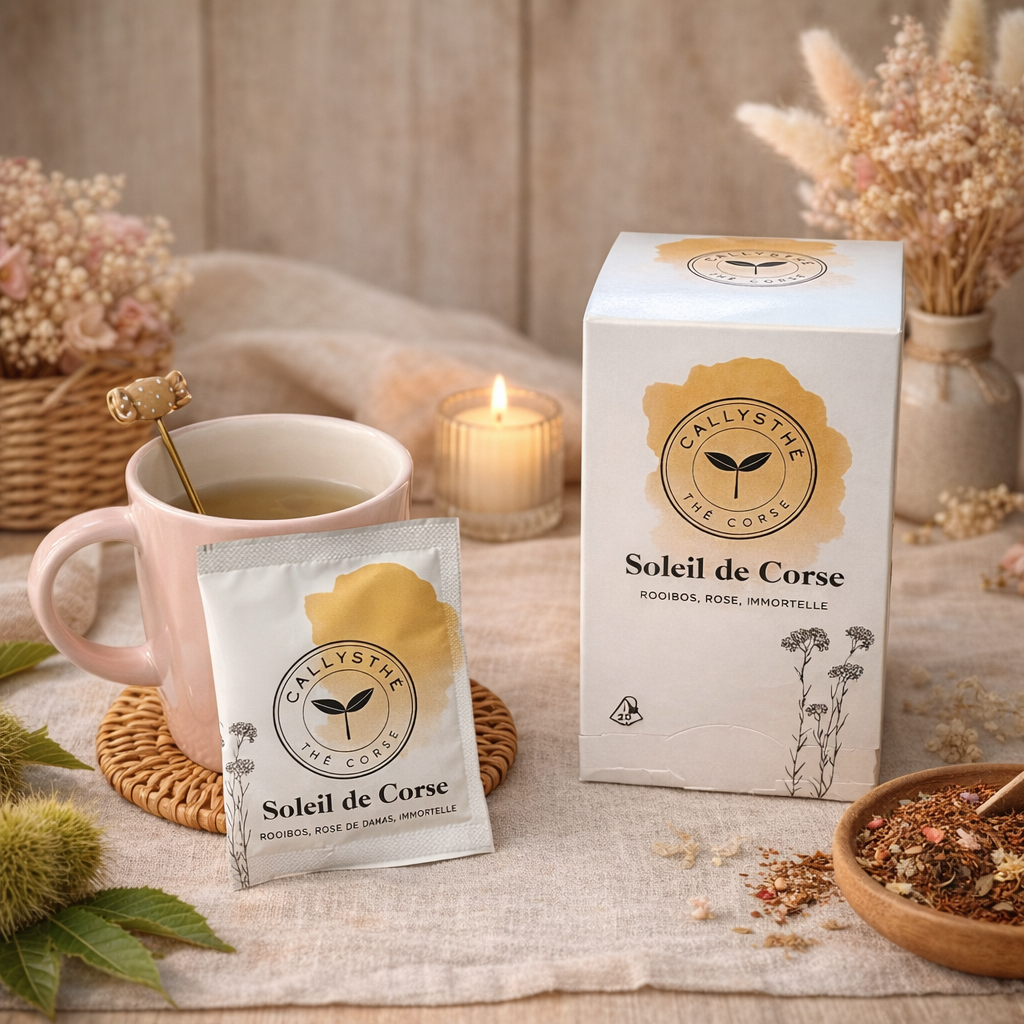 Thé Soleil de Corse – Rooibos, Immortelle & Rose – Thé artisanal corse Les Trésors De Ghjulia