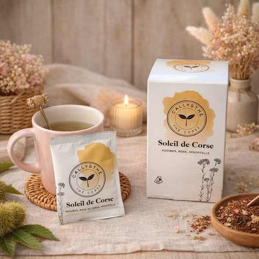 Thé Soleil de Corse – Rooibos, Immortelle & Rose – Thé artisanal corse Les Trésors De Ghjulia
