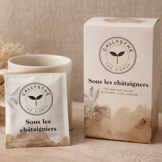 Thé Sous les Châtaigniers – Thé noir Darjeeling, châtaigne & figue – Thé artisanal corse Les Trésors De Ghjulia