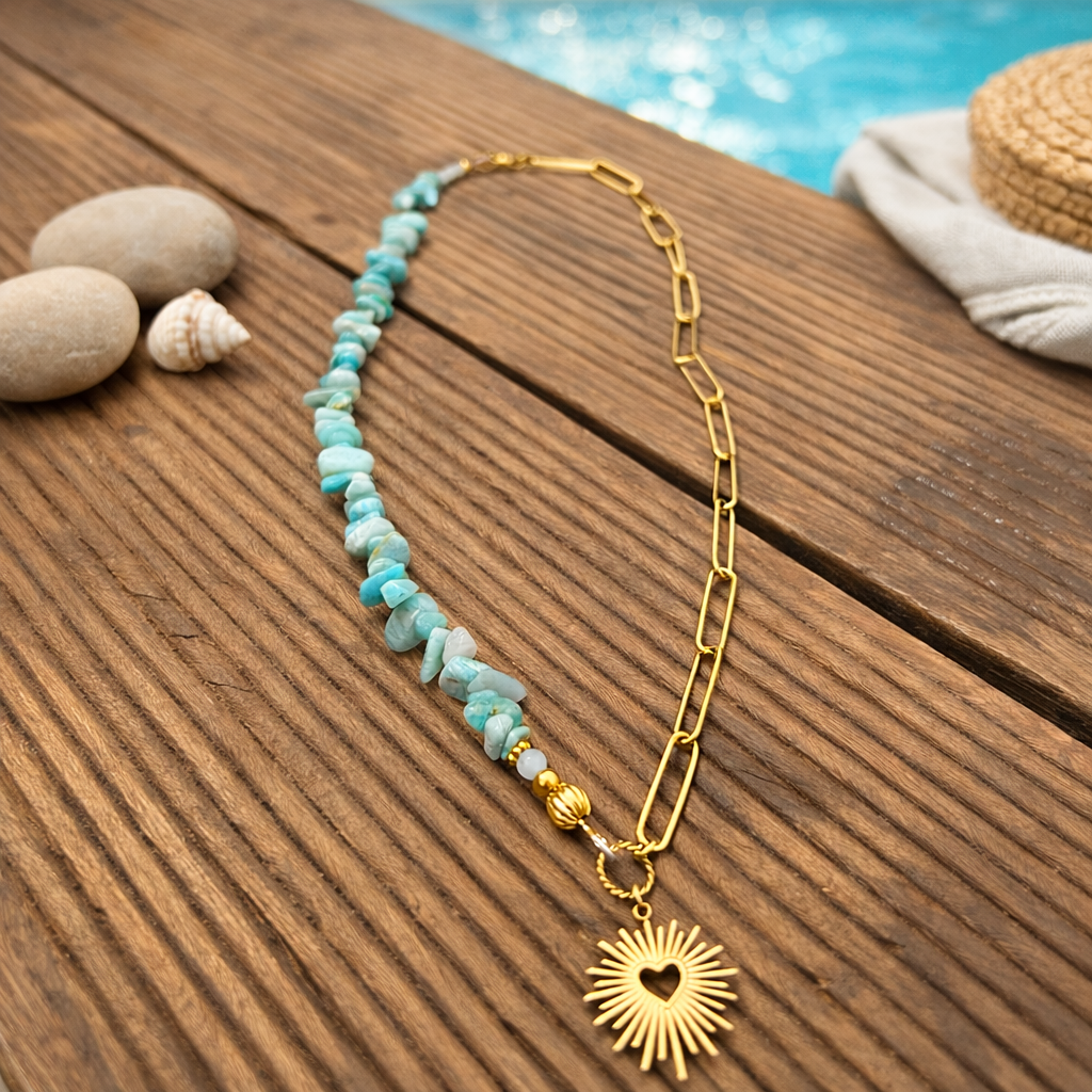 Collier Ex-Voto Amazonite EVA – Bijou artisanal Made in Corsica, pierre naturelle et acier inoxydable Les Trésors De Ghjulia
